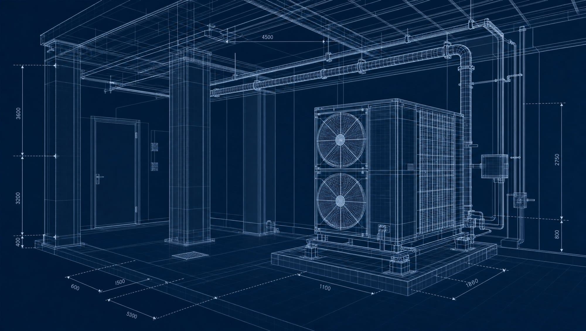 BIM wireframe model of a mechanical room showing dimensioned survey data